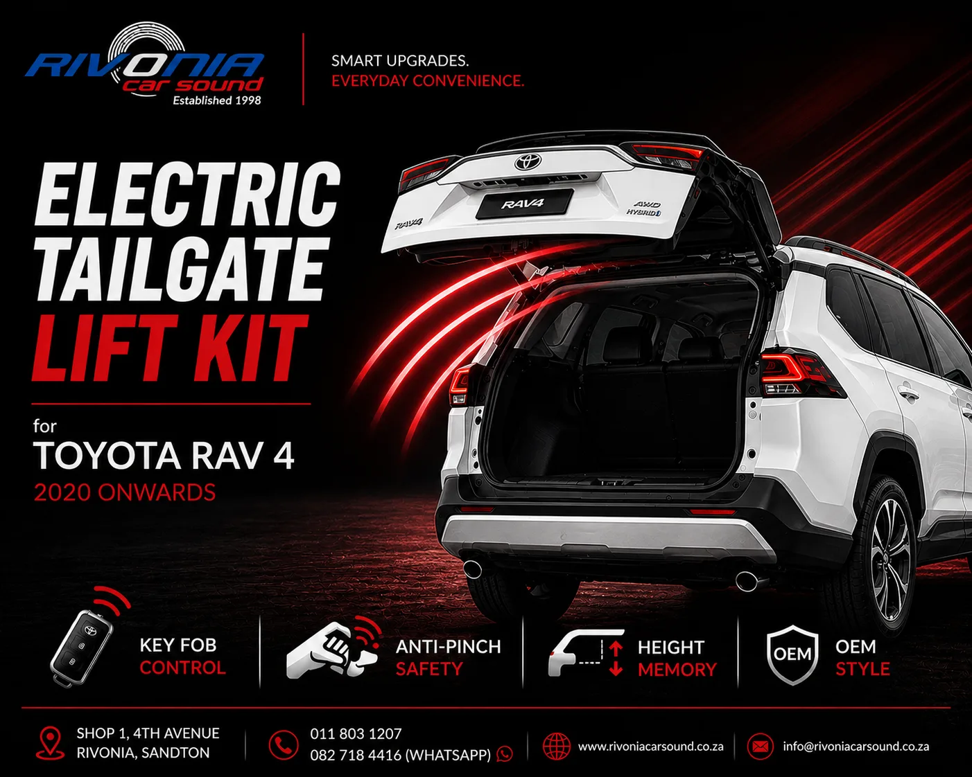 toyota rav4 electric tailgate, rav4 boot lift kit, toyota rav4 automatic tailgate, electric boot opener rav4, rav4 tailgate upgrade, rivonia car sound